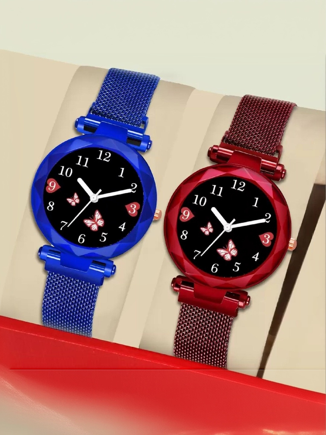 SZN Set Of 2 Stainless Steel Straps Analogue Watches Mag Flower Blue+RedSZNN36514456