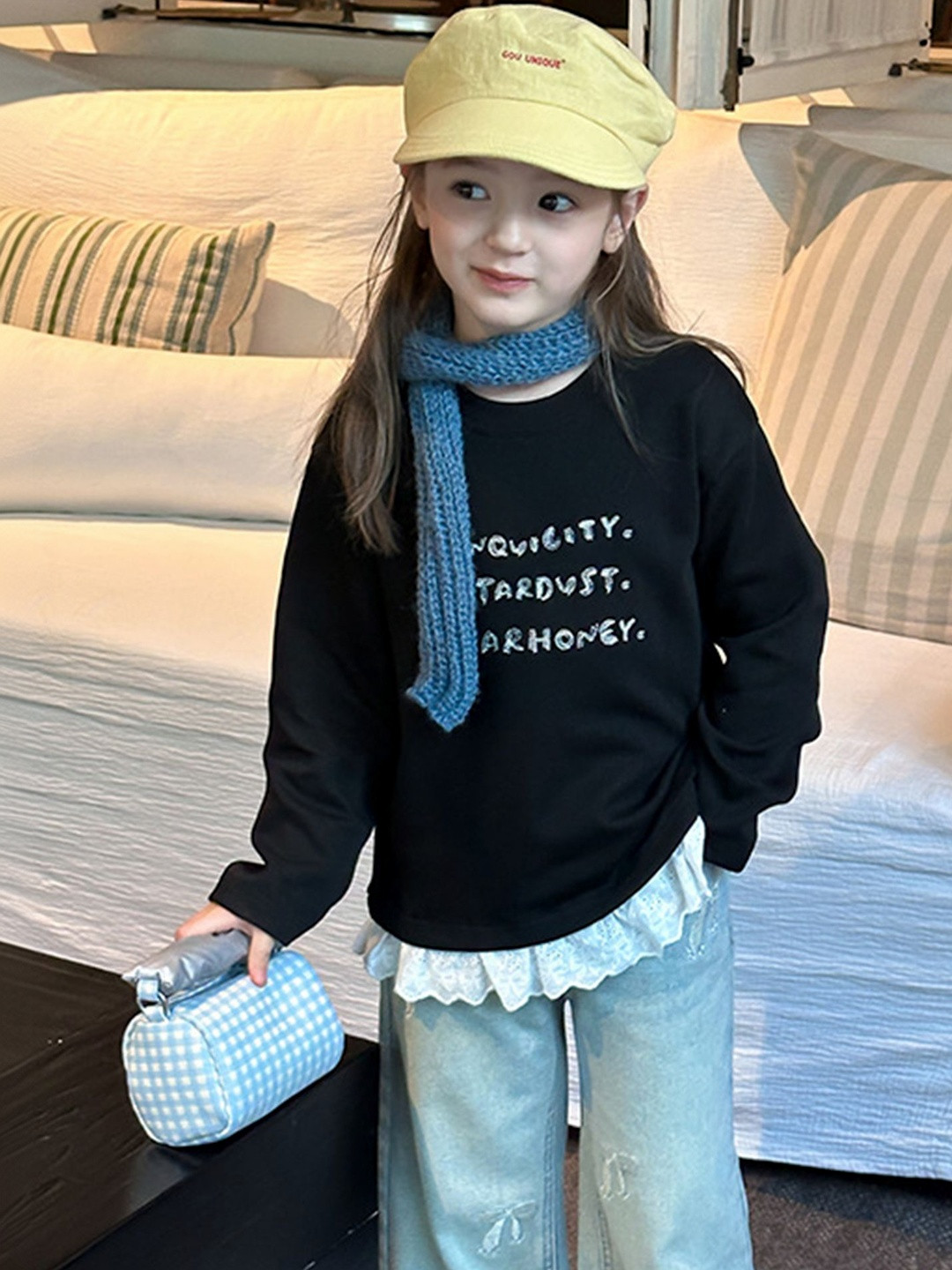 LULU & SKY Girls Typography Printed Round Neck Cotton Long Sleeves Tops