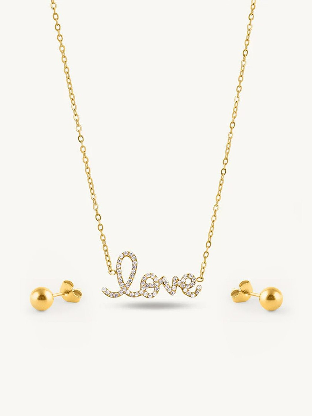 PALMONAS 18K Gold Plated Plain Ball Stud Earrings & Love Message Necklace Set