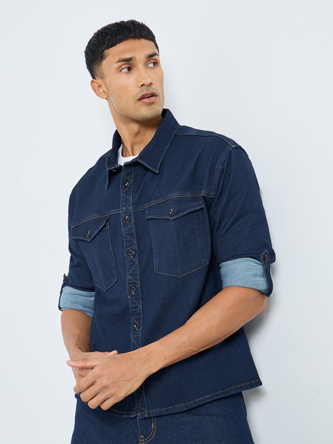 Styli Men Solid Spread Collar Pure Cotton Denim Shirt