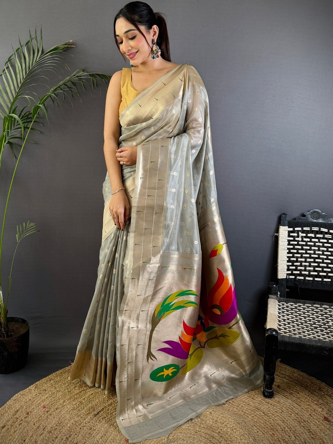 SKJ CREATION Woven Design Zari Silk Cotton Saree With Unstitched Blouse Piece