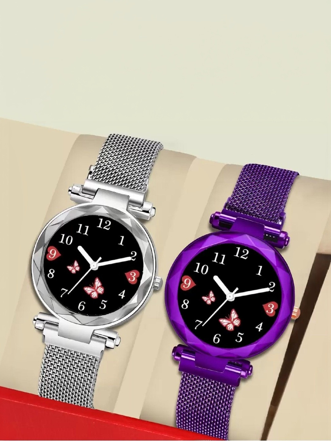 SZN Women Set Of 2 Analogue Watch Mag Flower Silver+PurpleSZNN36514465