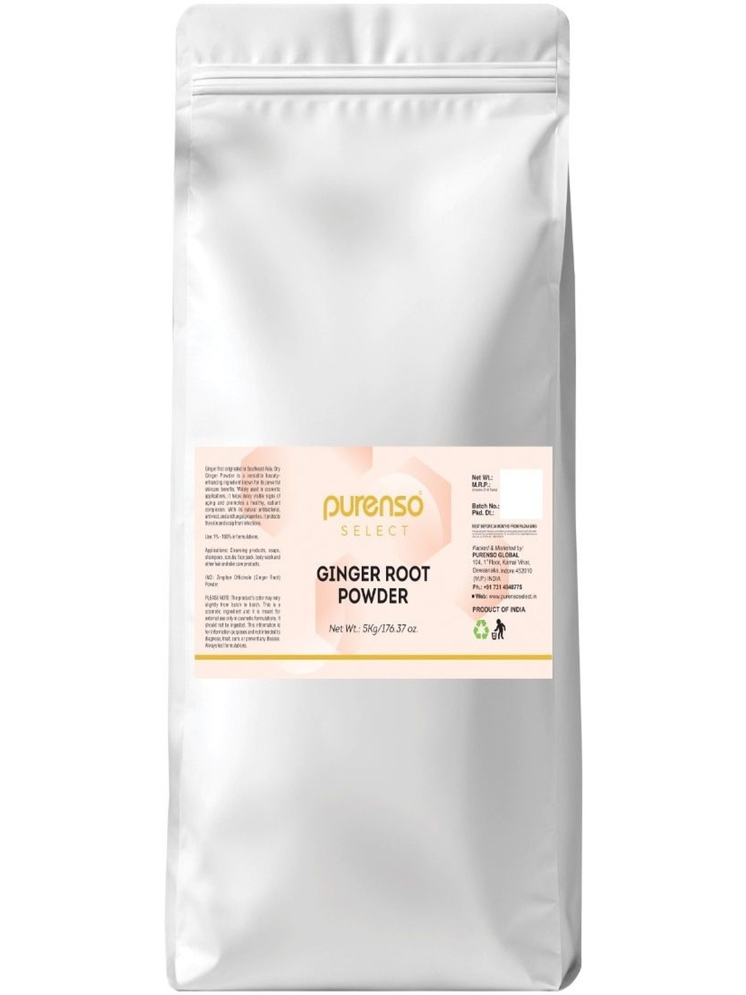 Purenso Natural Vegan Ginger Root Powder For Skin Moisturizer & Hair Growth - 5 Kg
