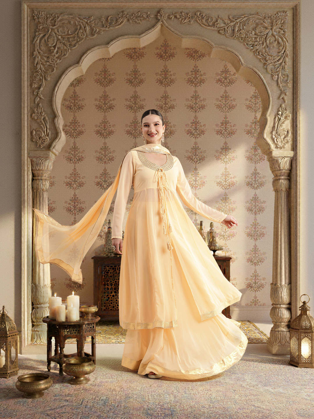 House of Pataudi Embroidered Panelled Jashn Kurta with Skirt & With Dupatta