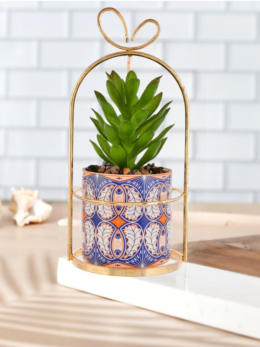Myntra Elegant Homes Green Artificial Plant with Ceramic Planter & Basket