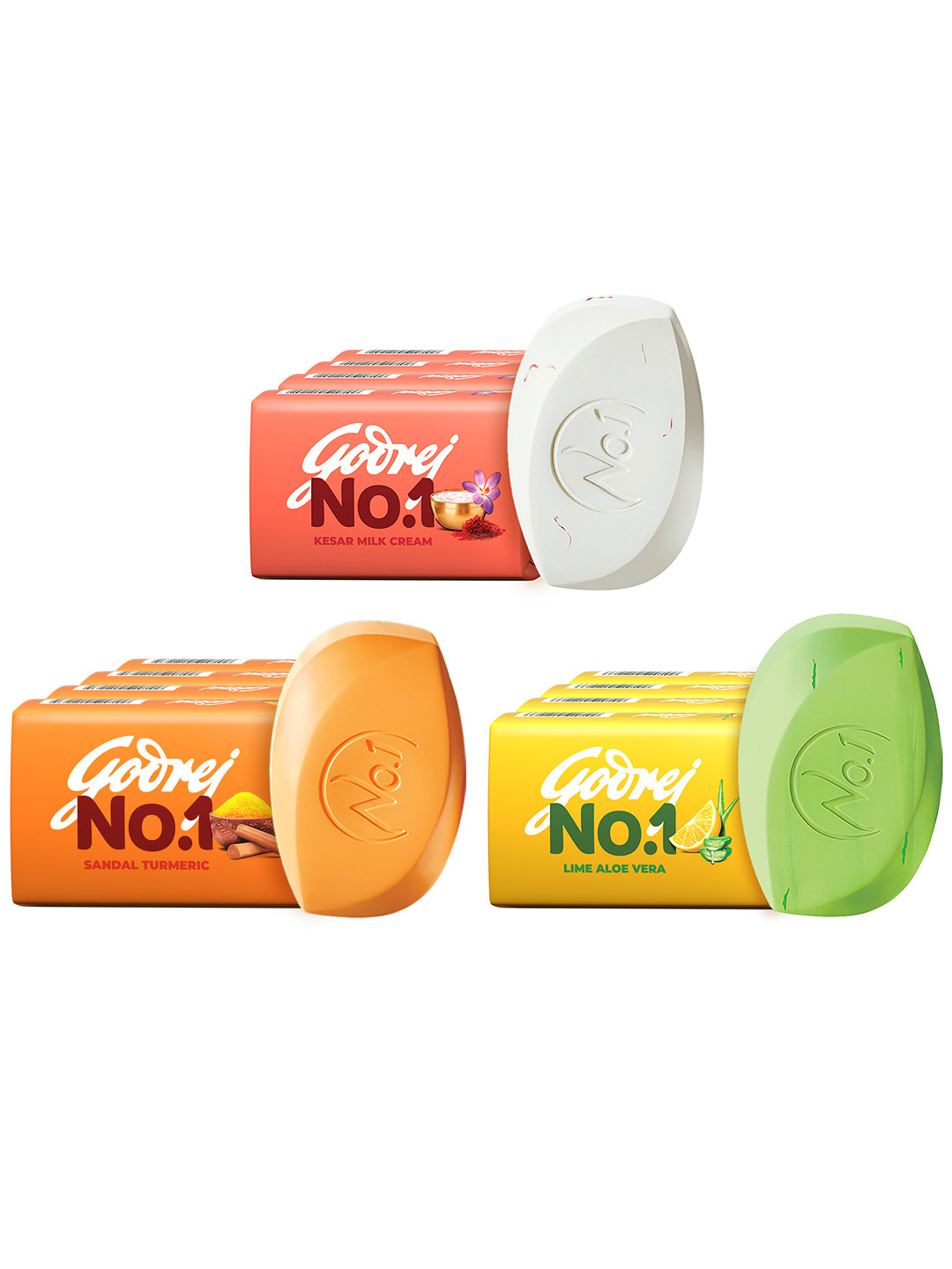 Godrej No.1 Set of 12 Sandal Turmeric - Lime Aloe Vera & Kesar Milk Cream Bathing Soap