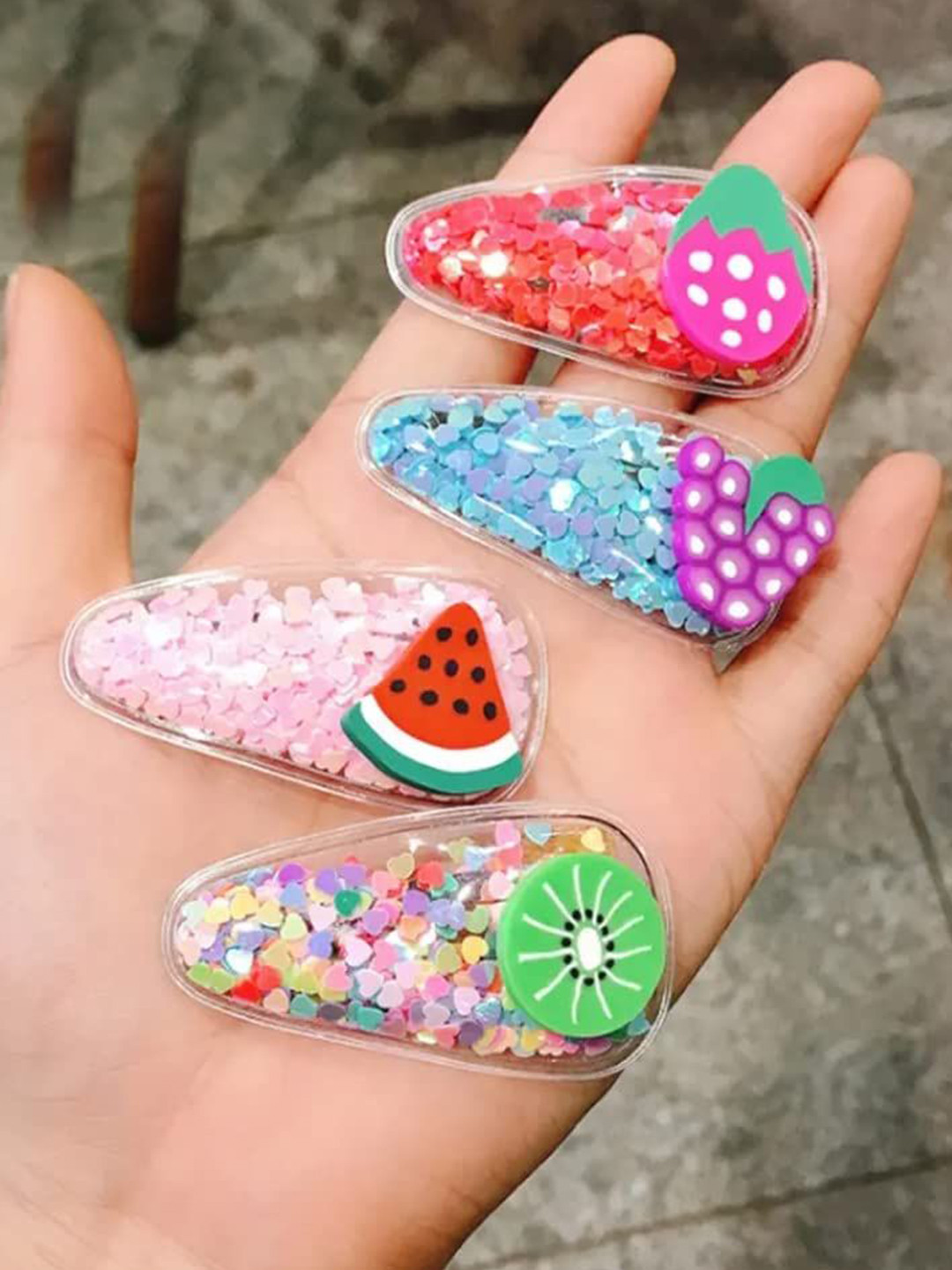 SH FSN Women Set of 5 Fruits & Sequined Embellished Tic Tac Hair Clip