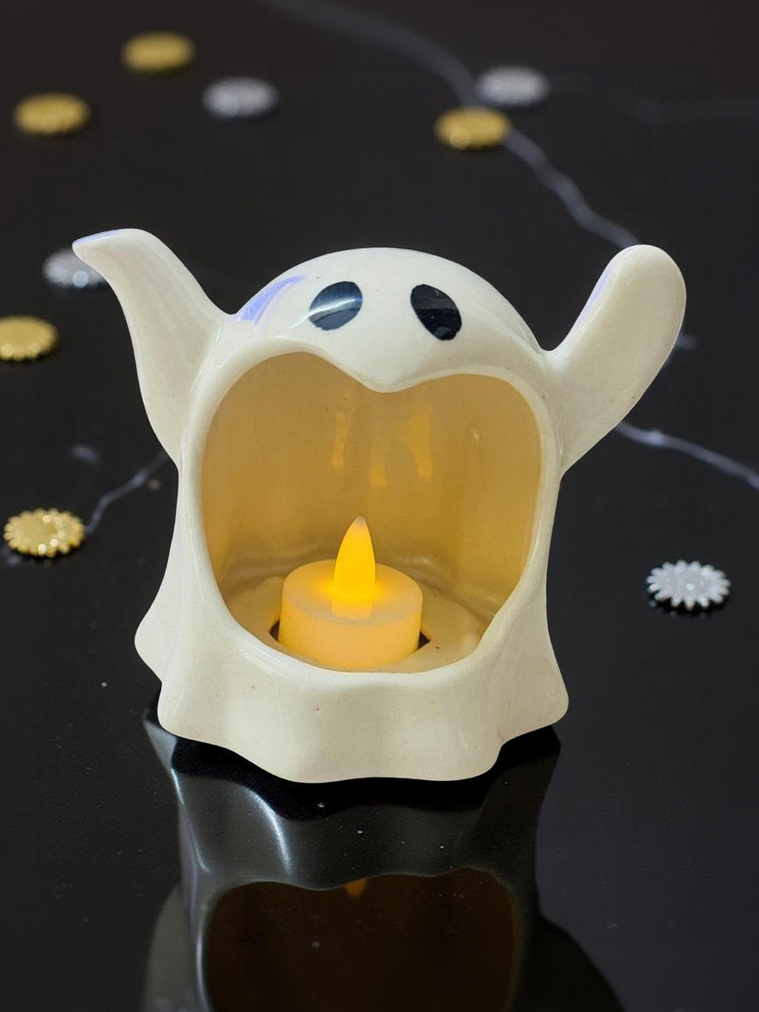 Lupaava Off-White Handcrafted Ghost Shaped Ceramic Tealight Candle Holder