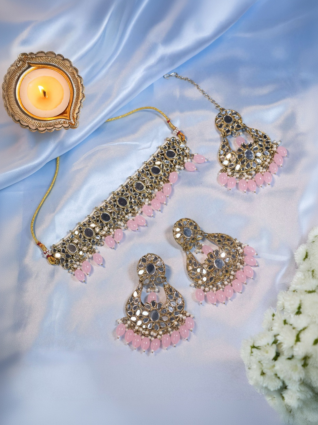 zarmar fashion Gold-plated Artificial Beaded Mirror Necklace With Earrings And Maang Tika