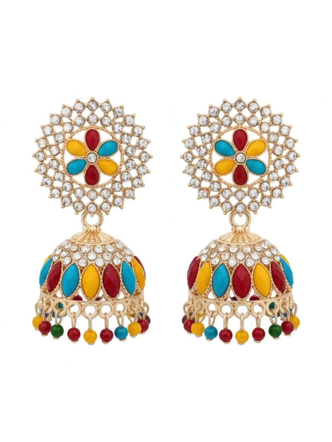 Eyes Blings Gold-Plated Artificial Stones and Beads Dome Shaped Jhumkas Earrings