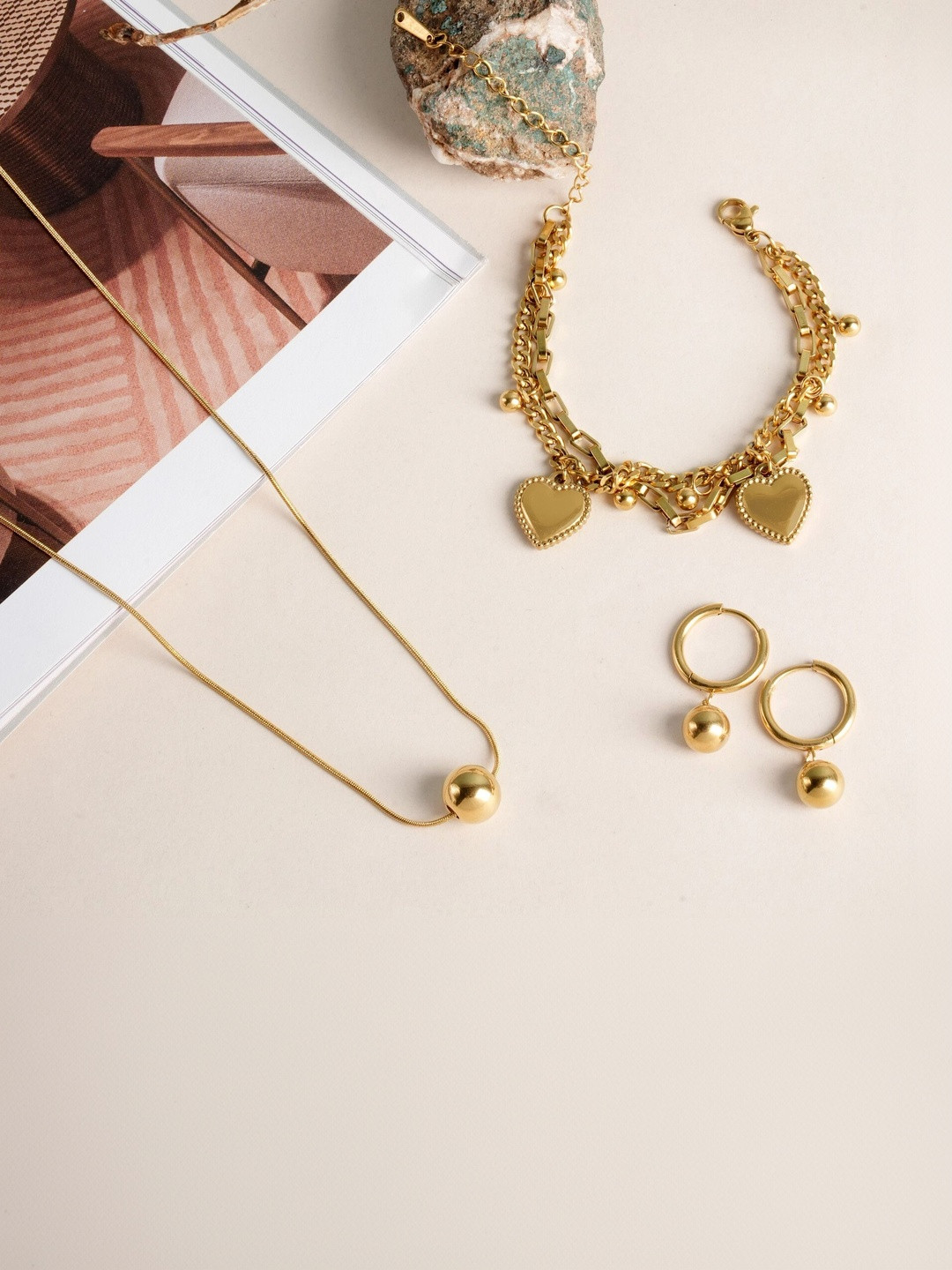 PALMONAS Stainless Steel Hearts All Over Bracelet & Golden Orb Set Jewellery Set