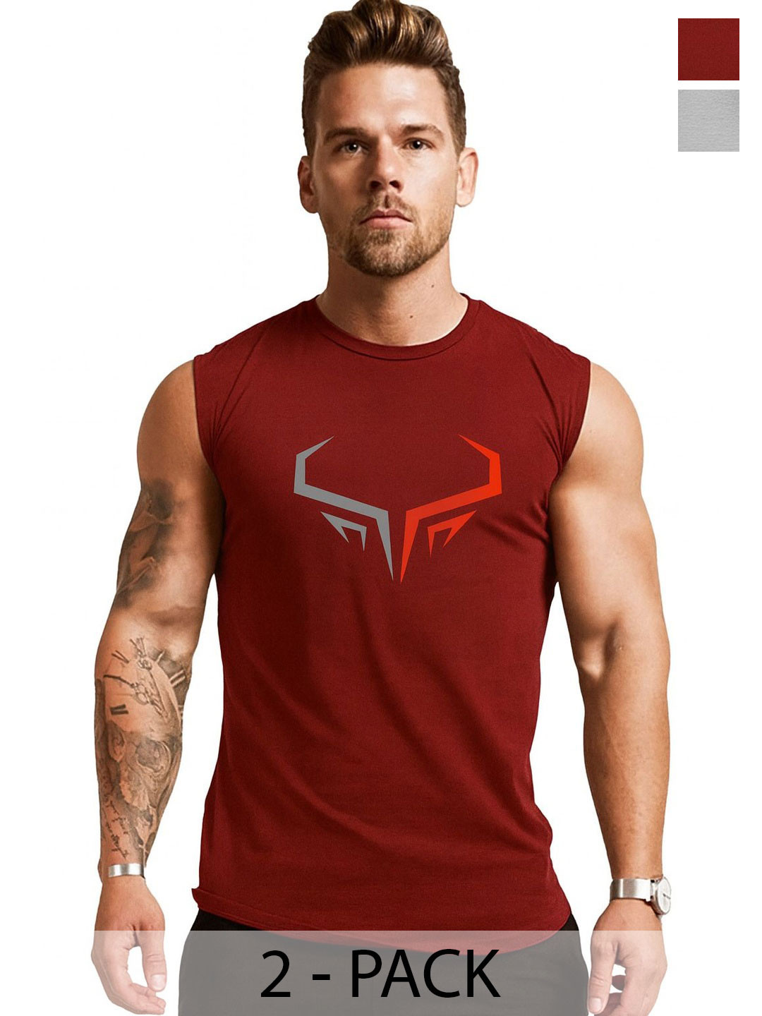 3Colors Men Pack Of 2 Printed Round Neck & Sleeveless Gym Vests