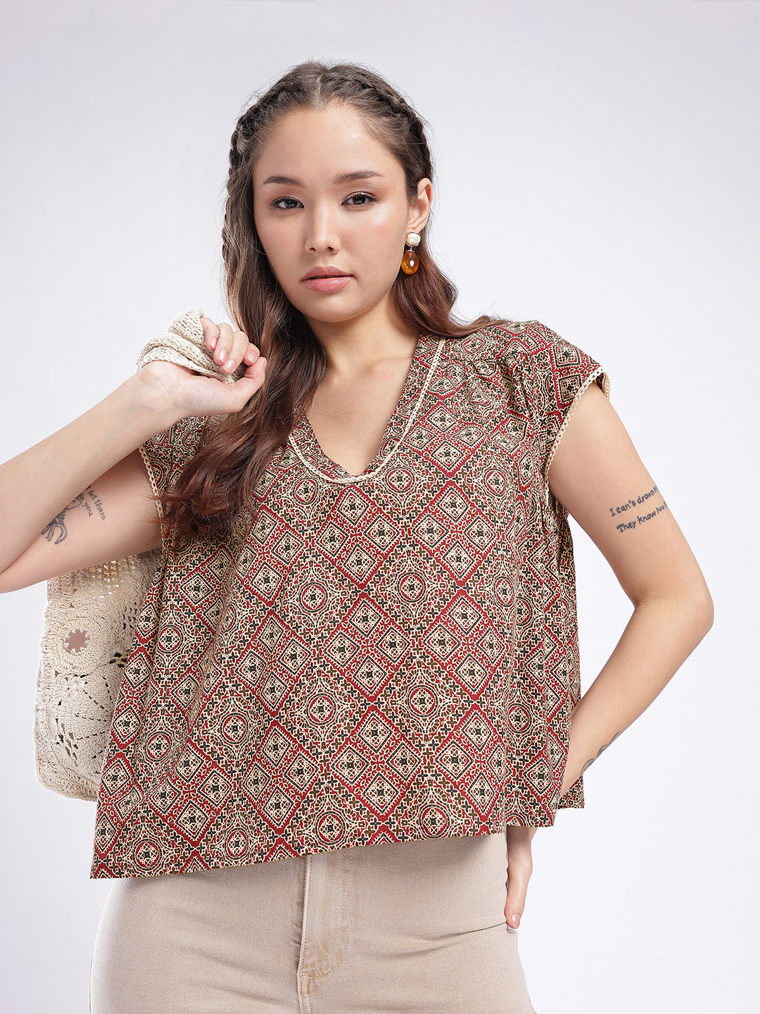 fusion by glitchez Geometric Printed Boxy Top