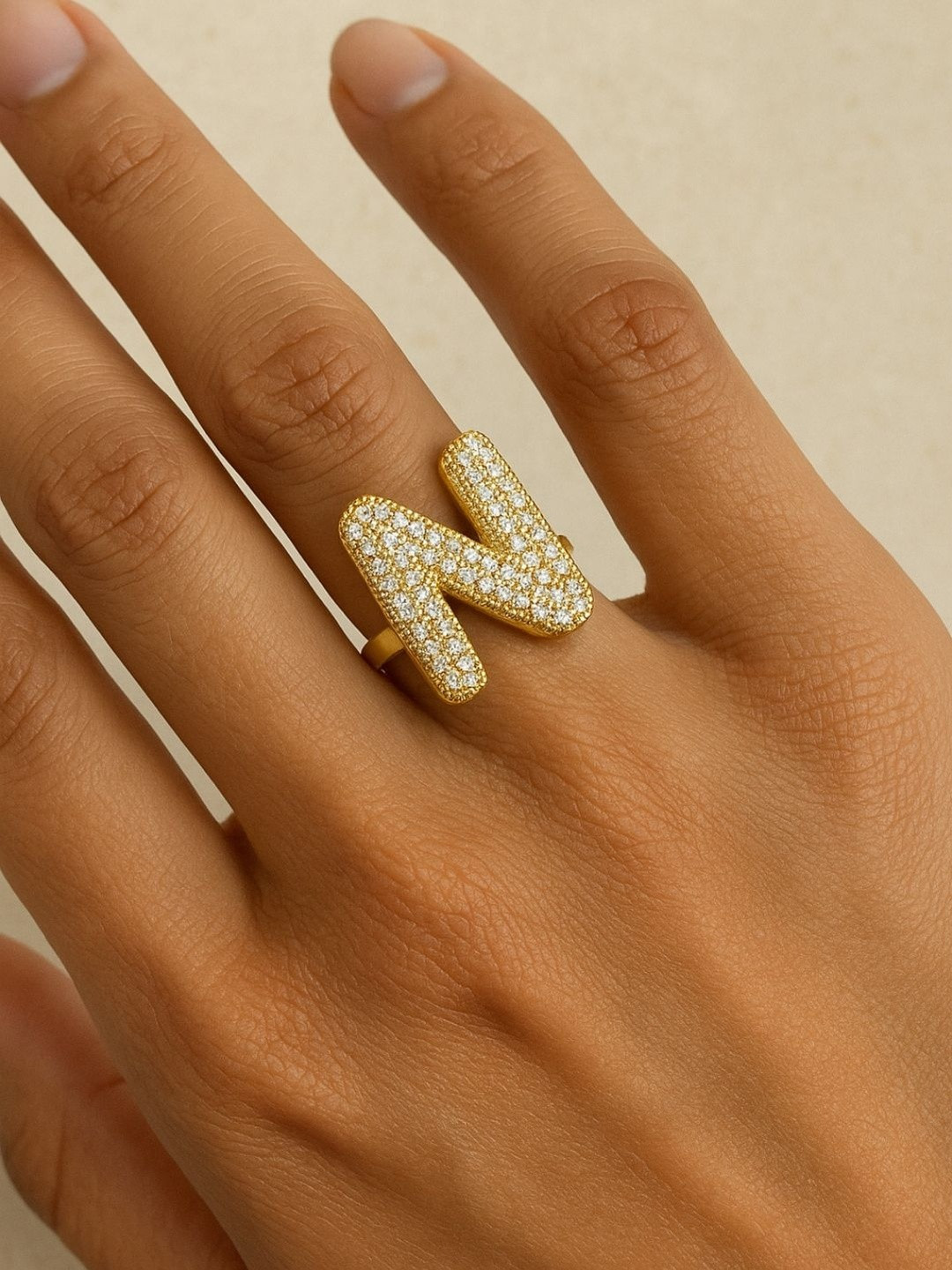 The Jewellery Tale Stainless Steel Gold-Plated N Initial Diamond Finger Ring