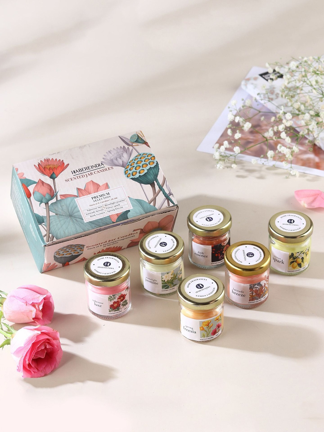 HABERE INDIA Pink & Peach-Coloured 6 pieces Jar Candle