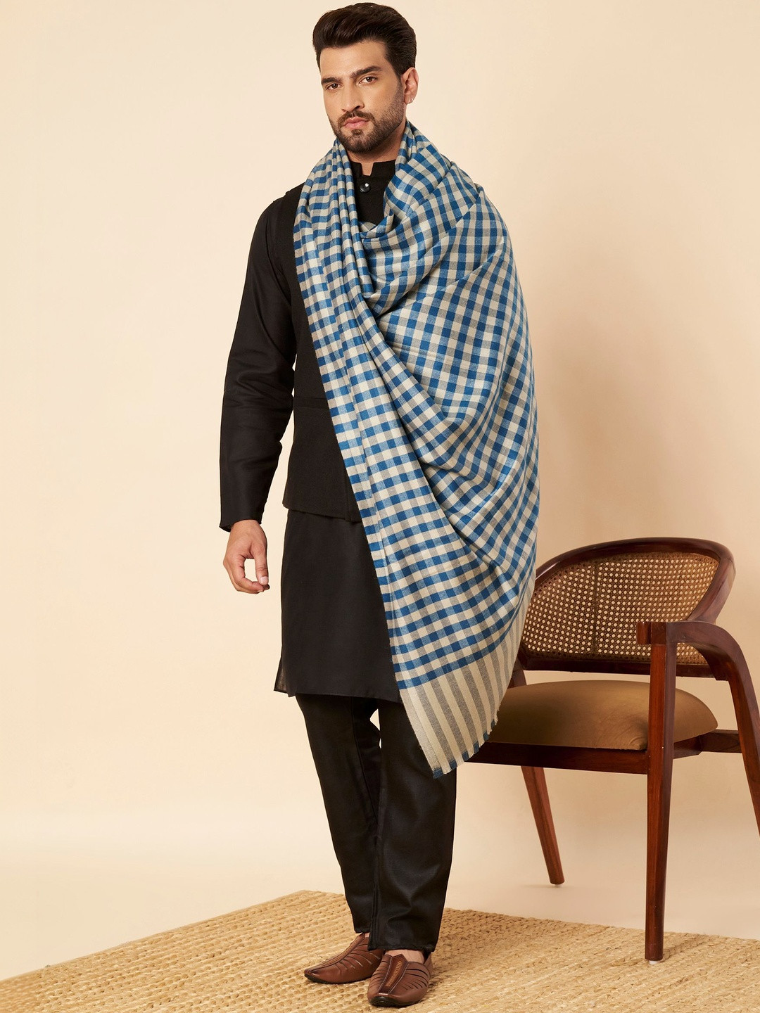 Zamour Men Checked Woven Design Woolen Full Size Soft Lohi Shawl