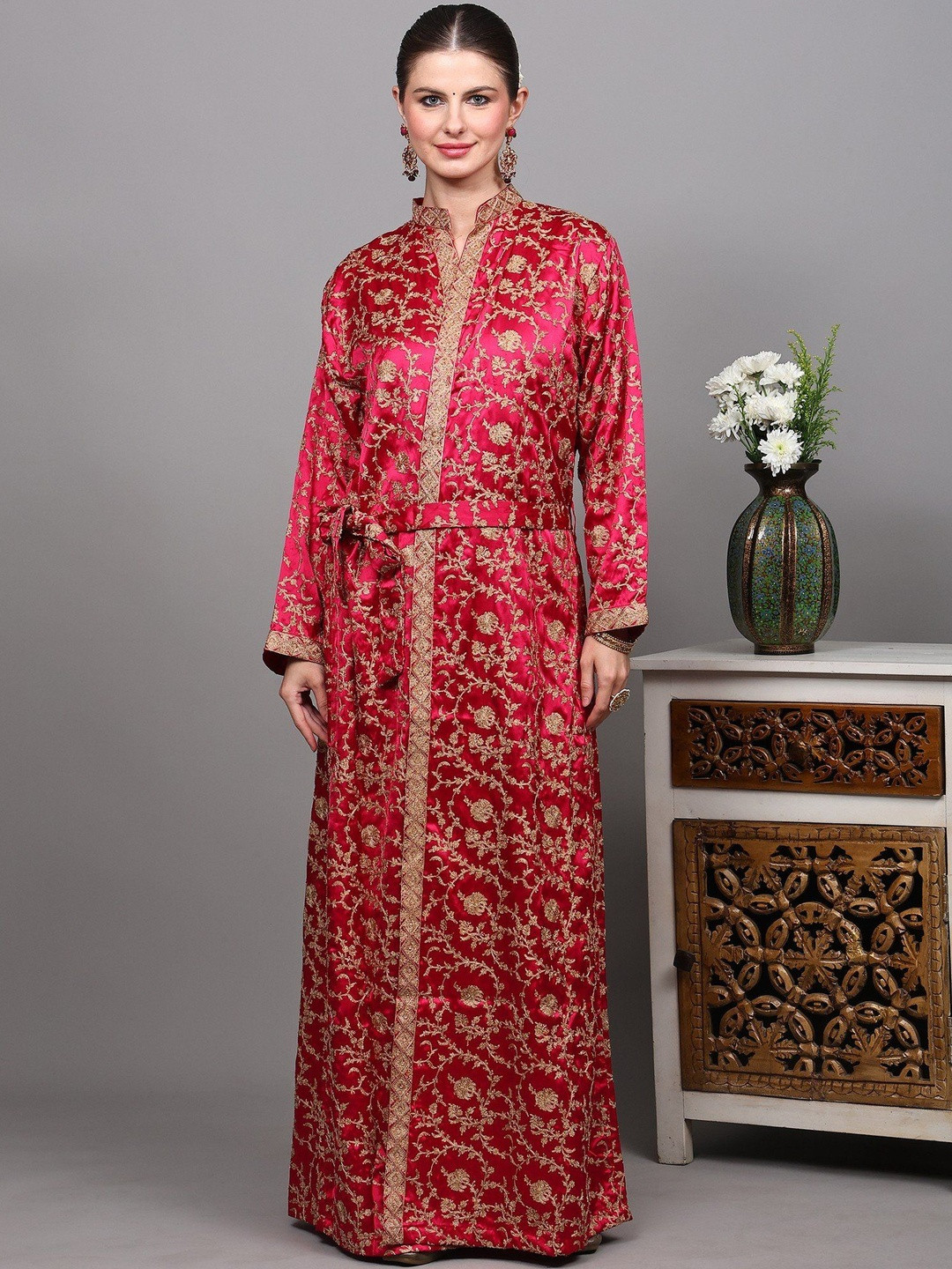 Exotic India Women Robe With Aari Embroidered Floral Jaal All-Over & Waist Belt