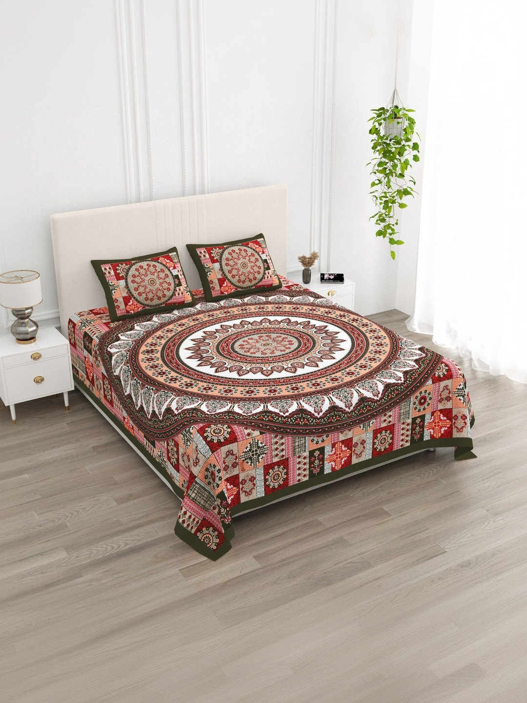 KD PRINTS Multicoloured & White Ethnic Motifs 210 TC King Bedsheet with 2 Pillow Covers