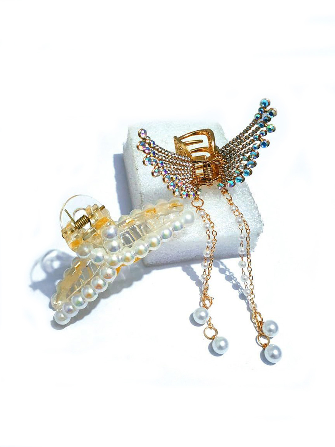 SHREEWATCHES Women Set of 2 Big Butterfly With T-shaped Embellished Claw Clip