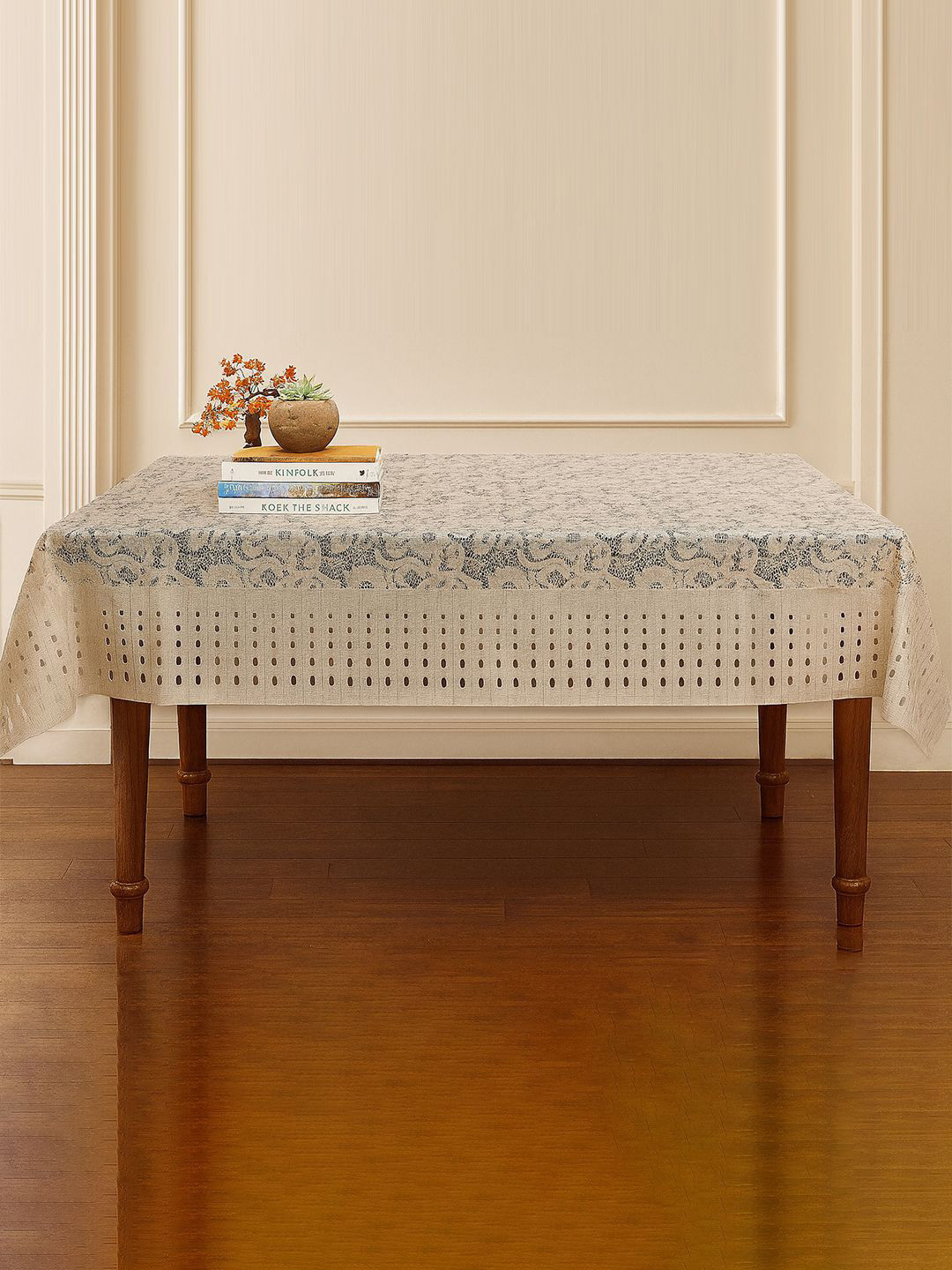 Kuber Industries Beige Flower Design Anti-Skid Cotton 4-Seater Table Cover