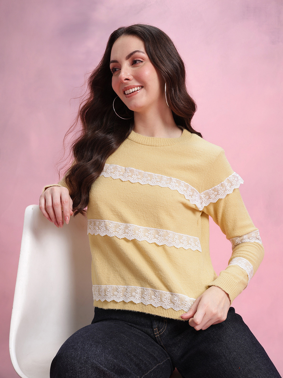 DressBerry Lace Inserts Round Neck Pullover