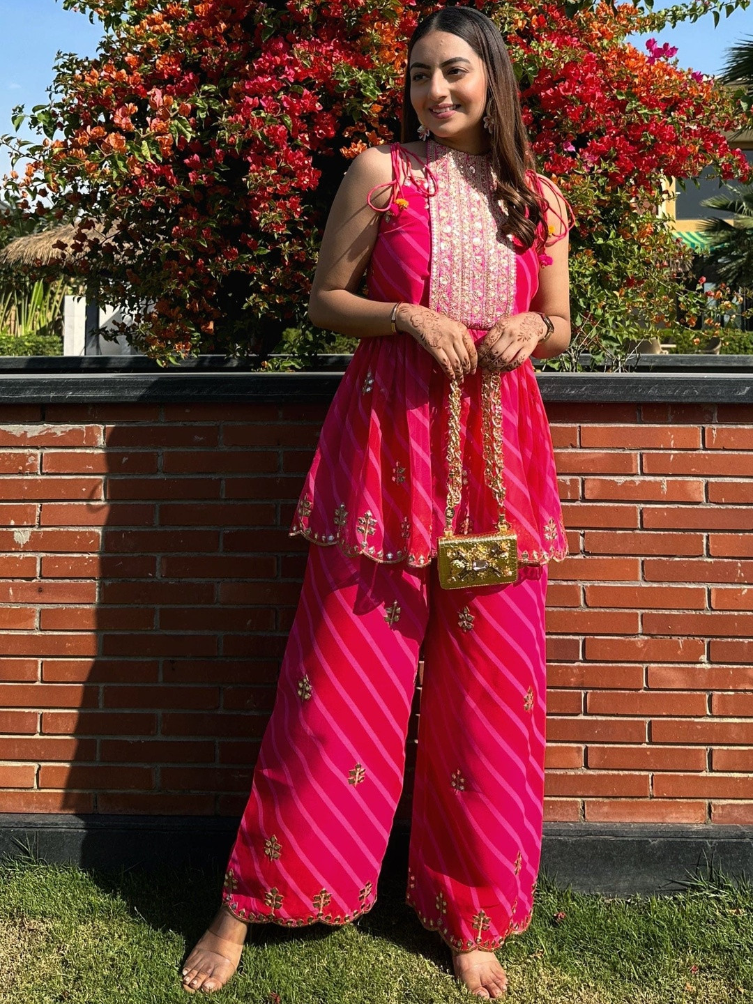 Neha Sharma Label Women Printed Regular Thread Work Pure Silk Kurti with Palazzos