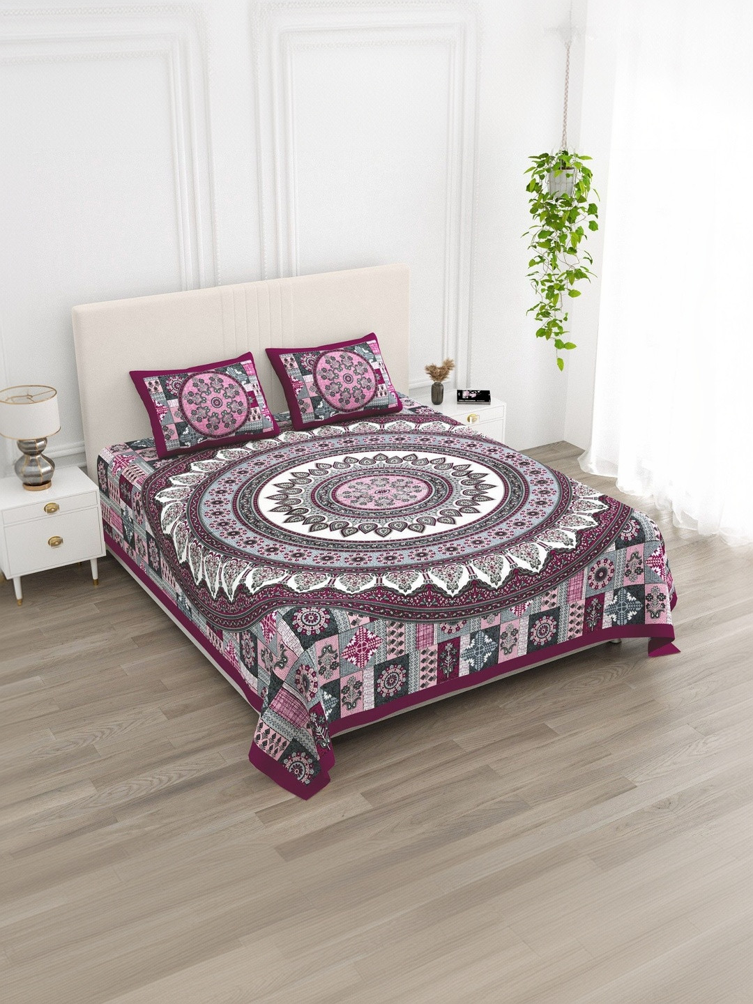 KD PRINTS Multicoloured & White Ethnic Motifs 210 TC King Bedsheet with 2 Pillow Covers