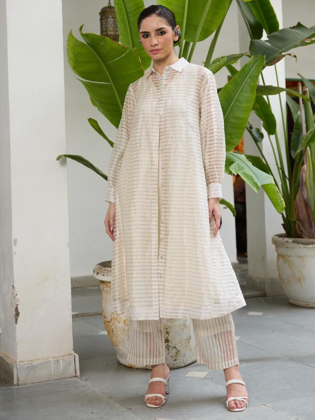 RAAS LIFE Shirt Collar Striped Printed Long Sleeves Pure Cotton Straight Tunic