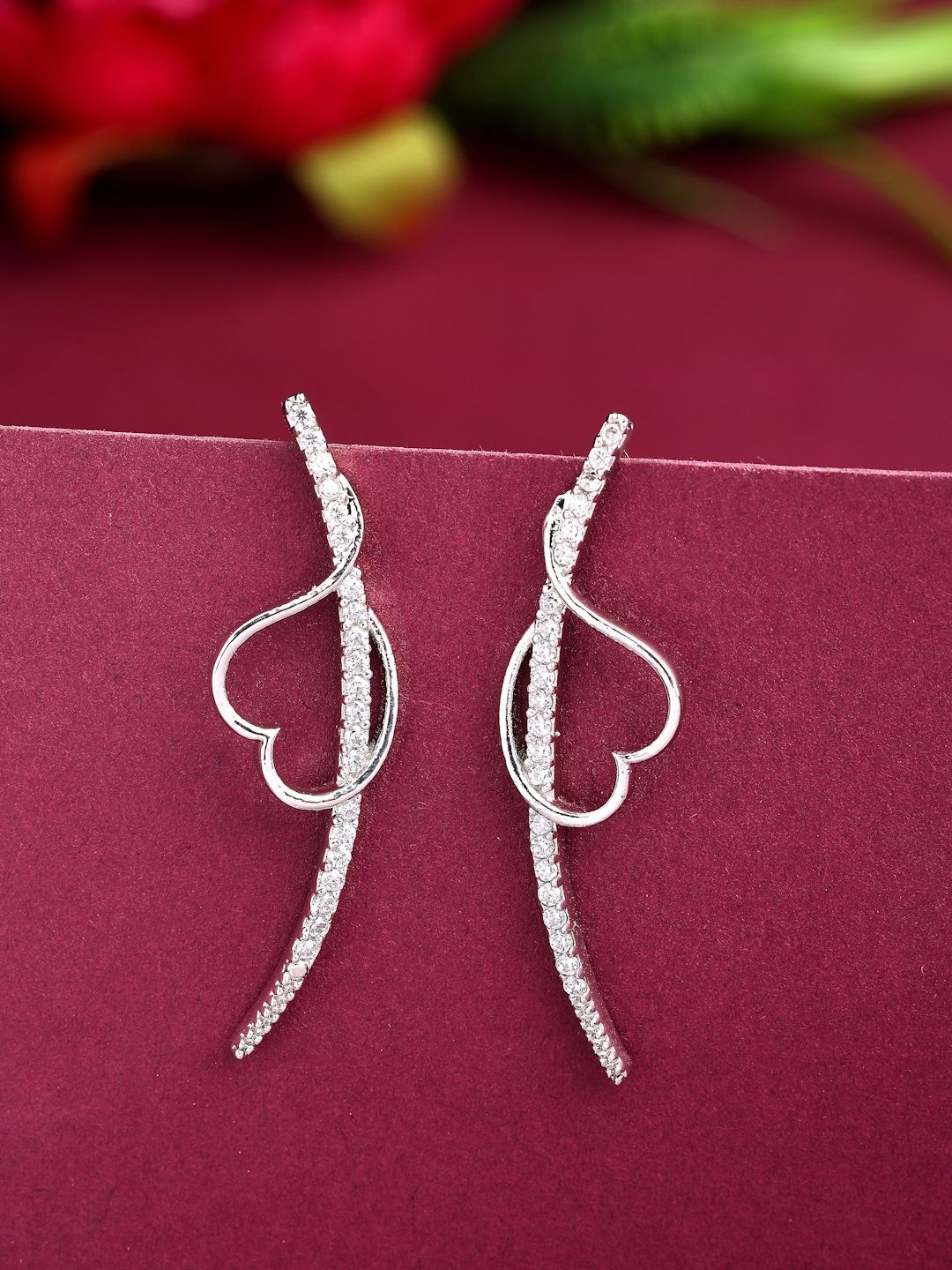 ZENEME Rhodium Plated American Diamond Studded Heart Shaped Ear Cuff