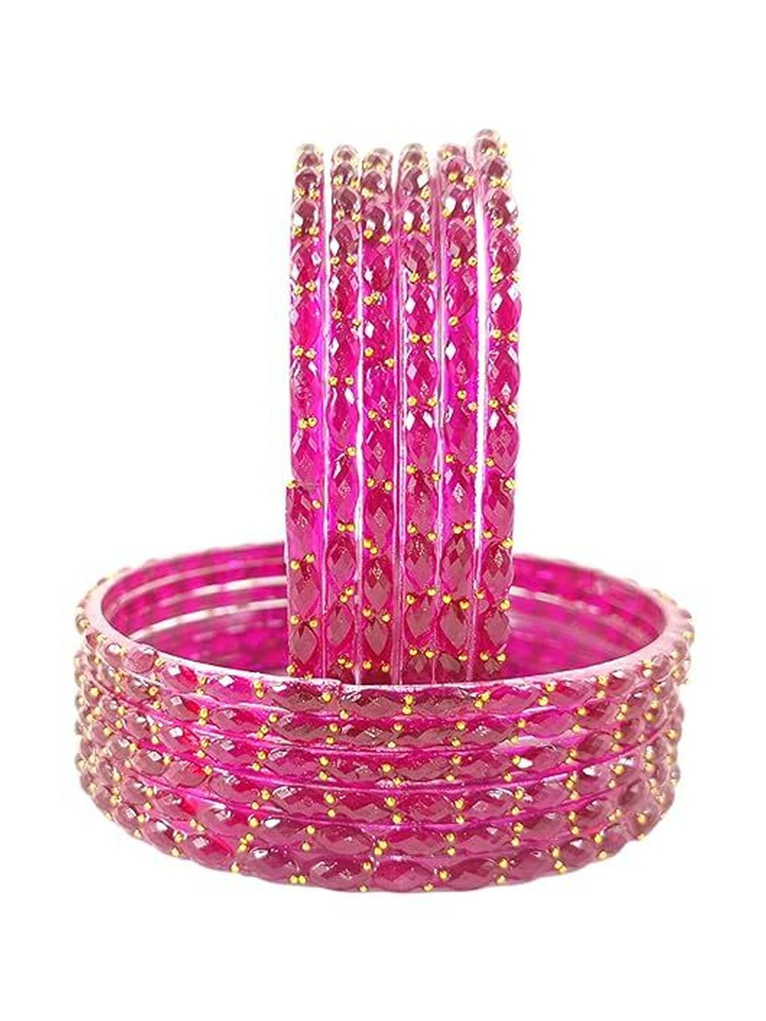 fellow Set Of 12 Stone Studded With Diamond Cut Beaded Glass Bangles