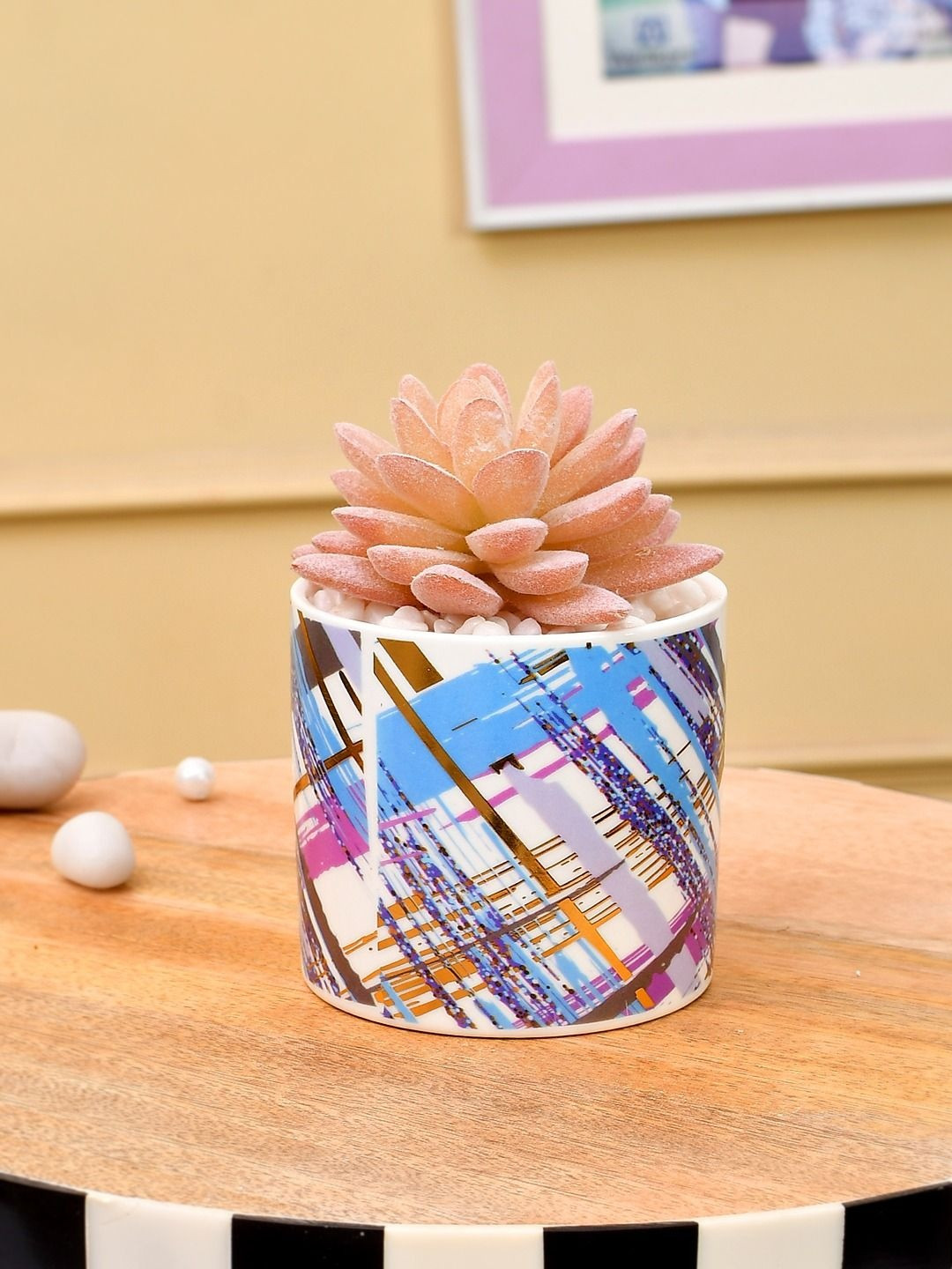 Myntra Elegant Homes Peach-Coloured & Blue Succulent Artificial Plant With Pot