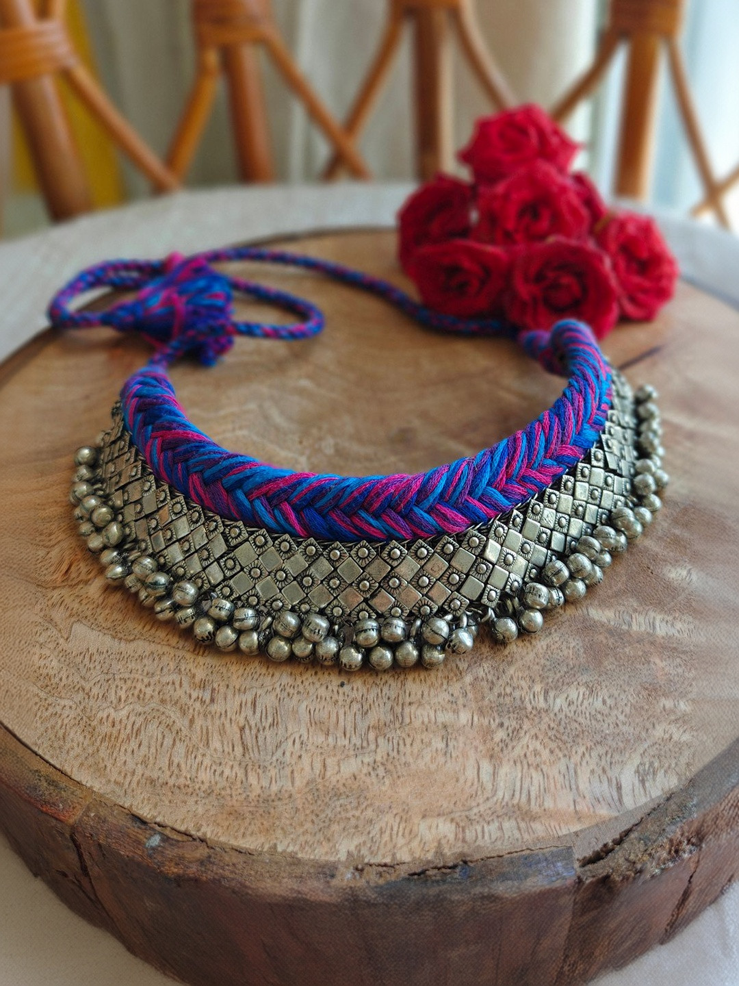 Weaves of Tradition German Silver Ghungroo beaded Oxidized Choker Necklace