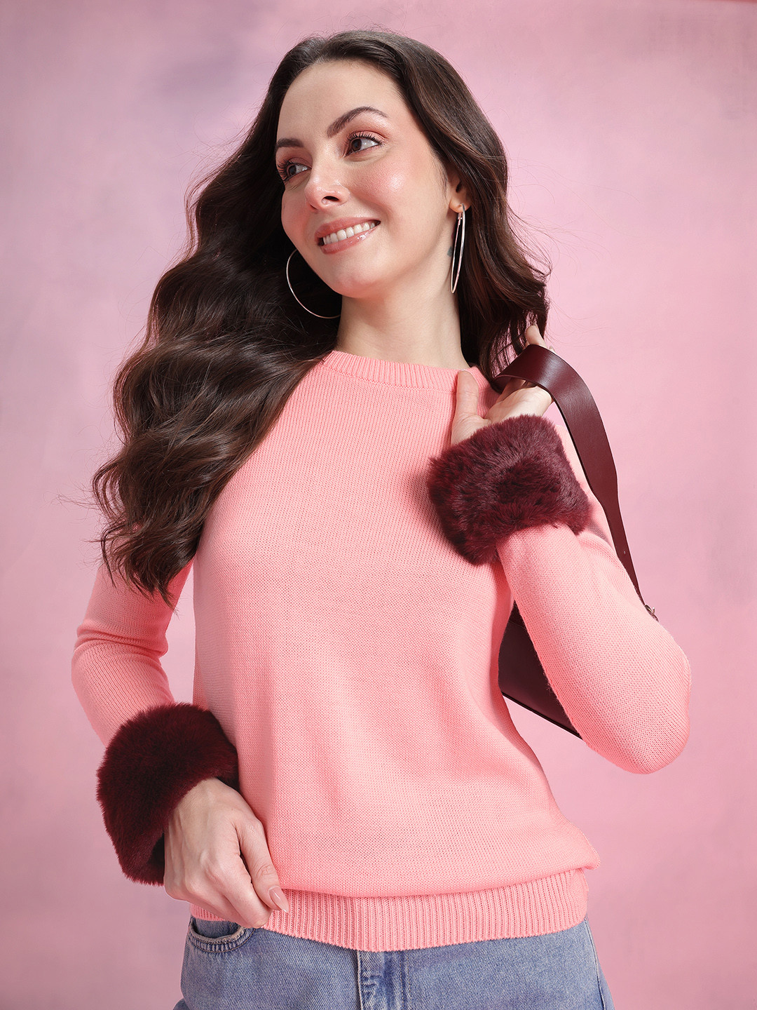 DressBerry Round Neck Pullover With Faux Fur Trim