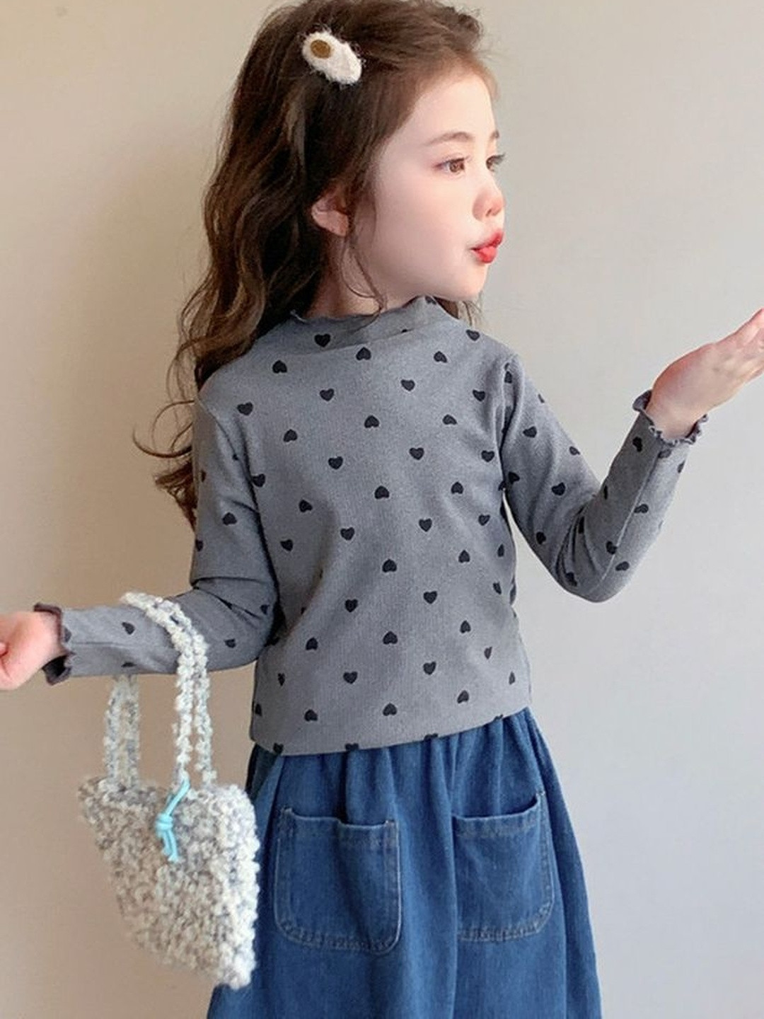 LULU & SKY Girls Heart Motif Mock Neck Long Sleeves Tops
