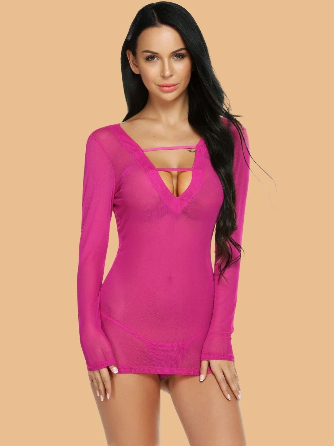 ZERJAMA Women Backless Long Sleeve Mini Babydoll with Satin Ties