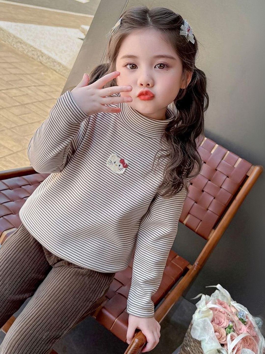 LULU & SKY Girls Horizontal Striped High Neck Long Sleeves Cotton Tops