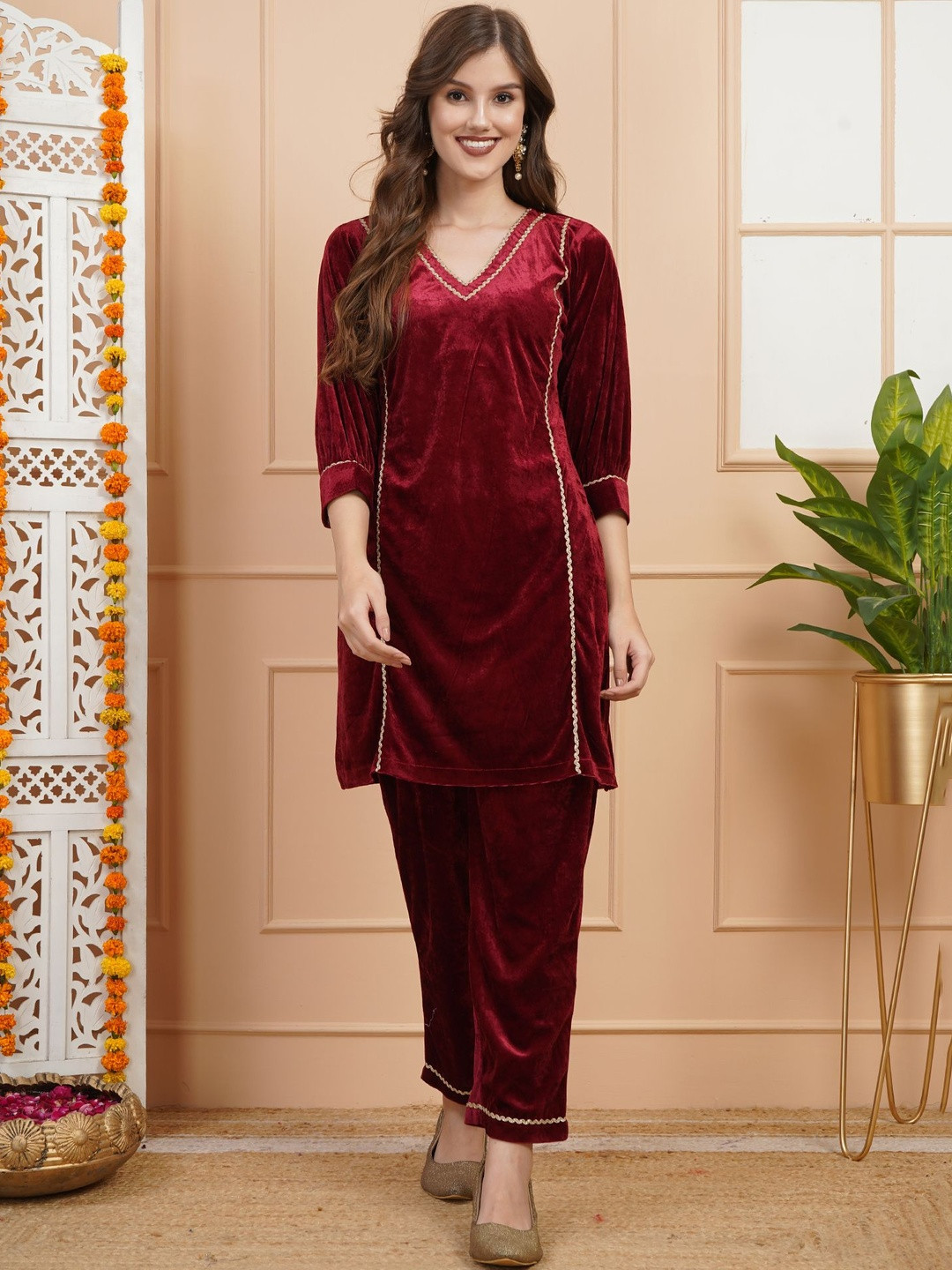 AB Collection Lace Detail V-Neck Three-Quarter Sleeves Velvet Tunic With Trouser
