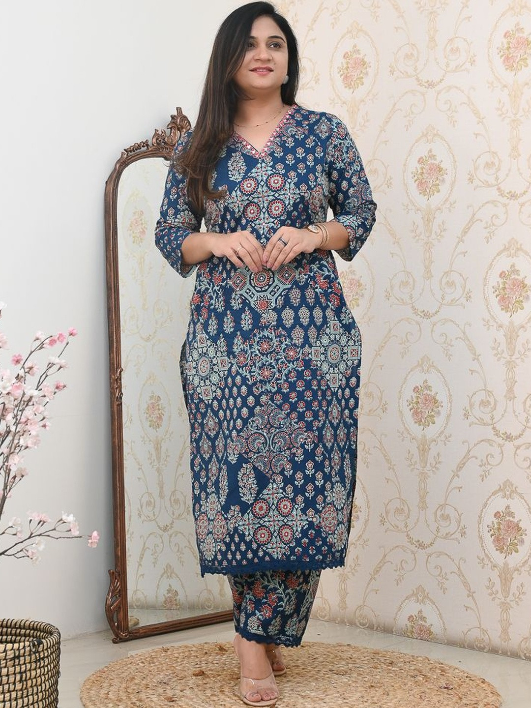 THE JAIPUR STUDIO Women Printed Regular Mirror Work Pure Cotton Kurta with Pyjamas