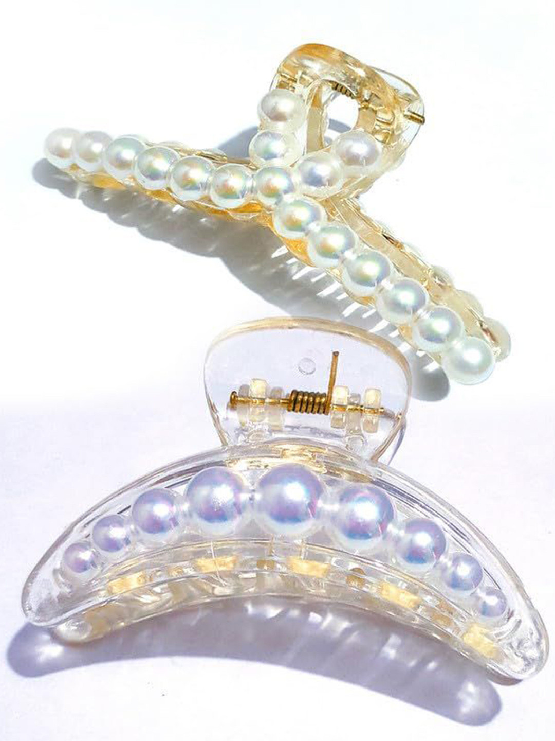 HANDBAG COLLECTION Women Set of 2 T-shape and half moon Pearls Claw Clip