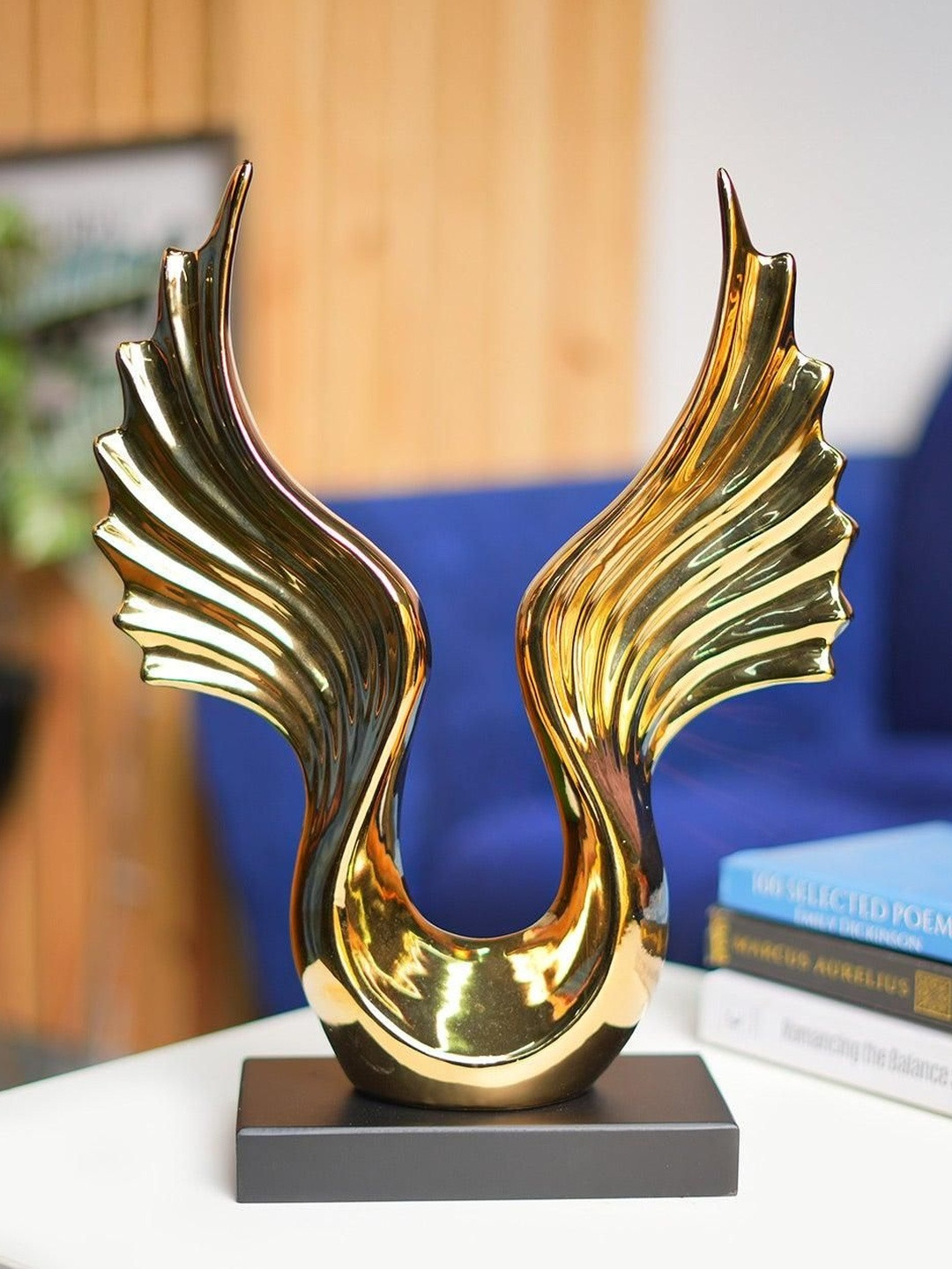MARKET99 Gold Toned Wings Ceramic Glossy Living Room Medium Showpiece 13 Inch
