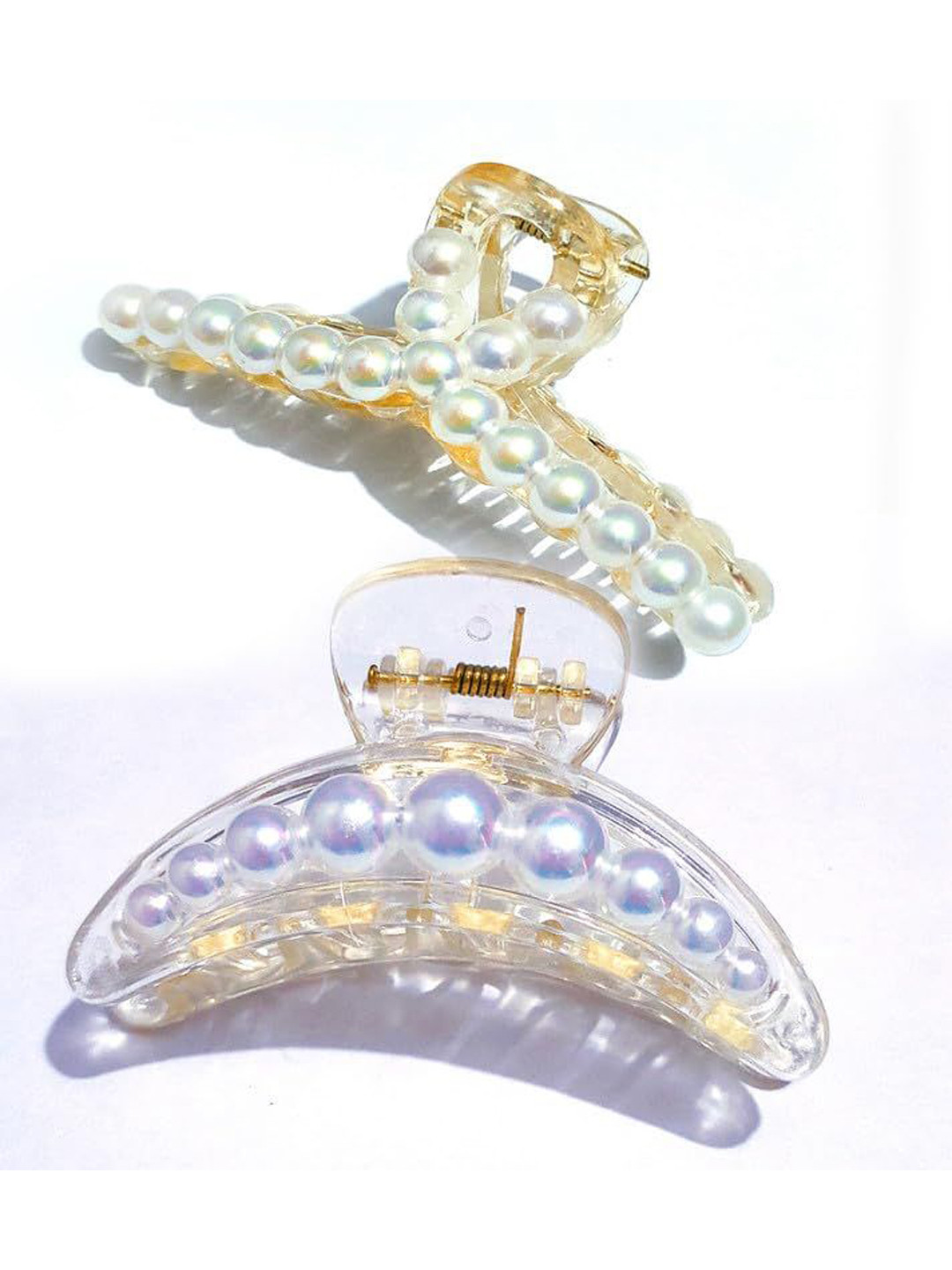 MADHAVWATCH Women Set of 2 Embellished T-shape & Half Moon Pearls Claw Clip Hair Accessory