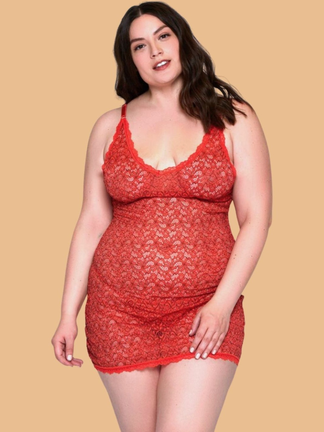 ZERJAMA Women Plus Size Self Design V-Neck Lace Mini Baby Doll