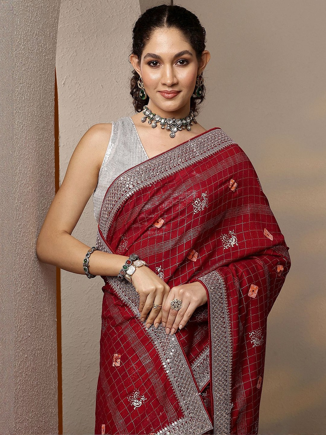 Libas Checked Mirror Work Silk Blend Heavy Work Saree
