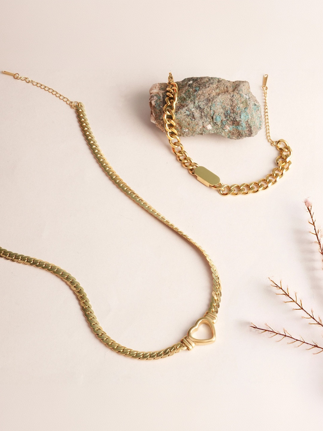 PALMONAS Cuban Chain Hollow Heart Necklace & Small Bar Bracelet Jewellery Set