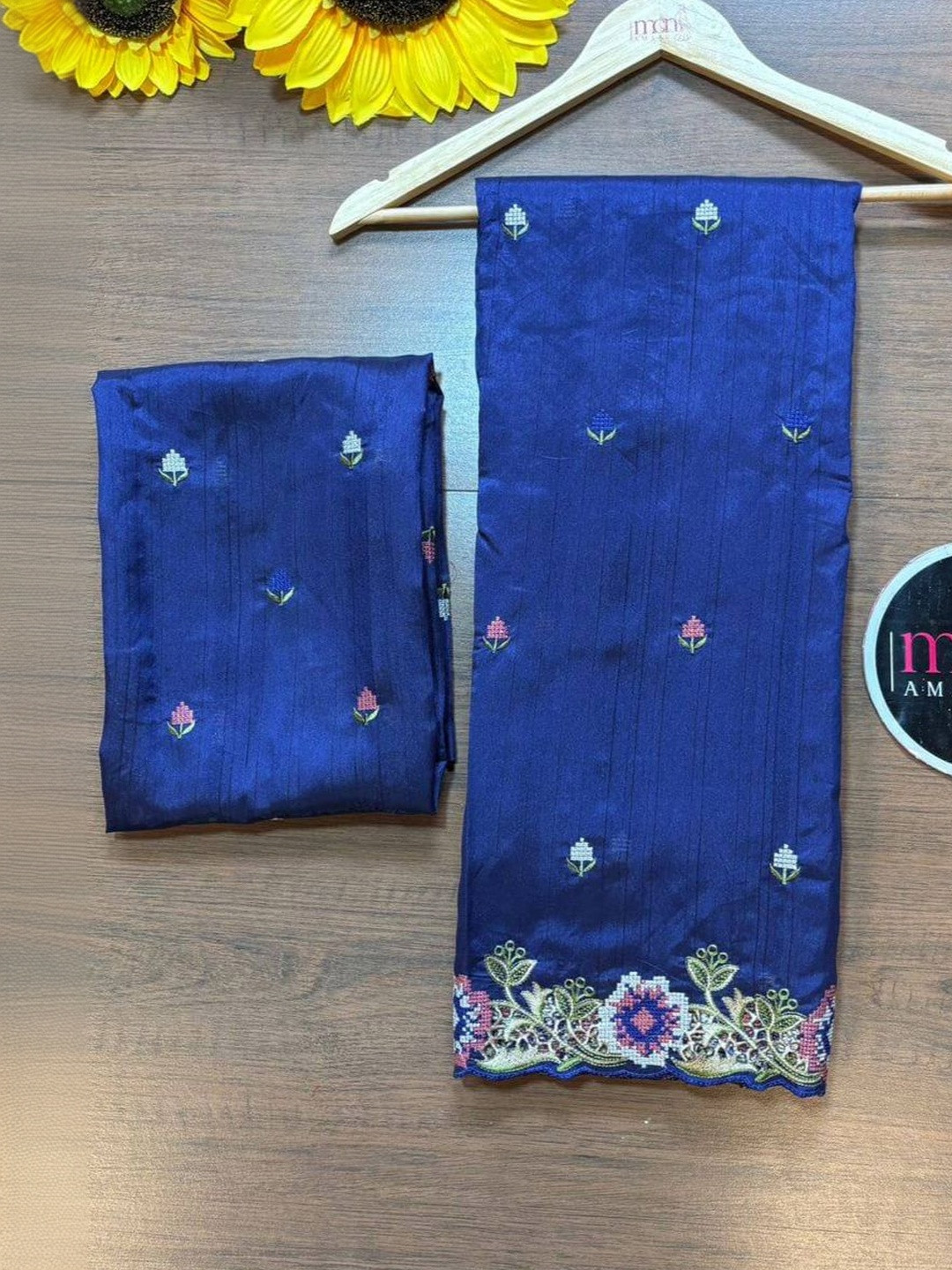 Monamaar Floral Embroidered Silk Blend Heavy Work Tussar Saree