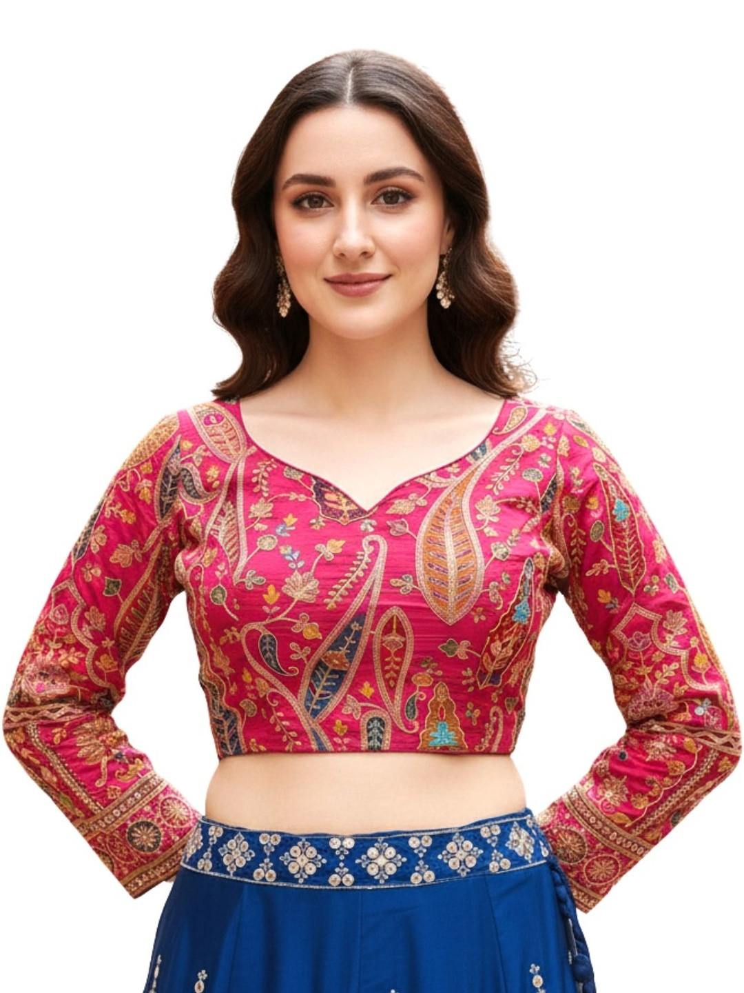 HERE&NOW Women Embroidered Pure Cotton Sweetheart Neck Long Sleeves Saree Blouse