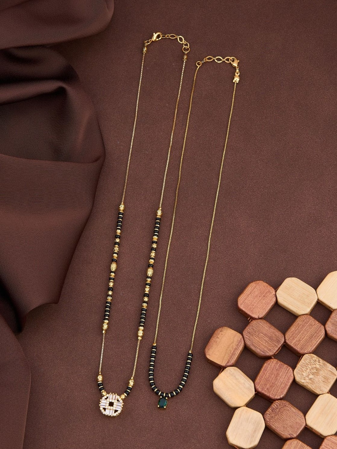 jueri Set Of 2 Gold-Plated American Diamond Studded And Beaded Mangalsutras