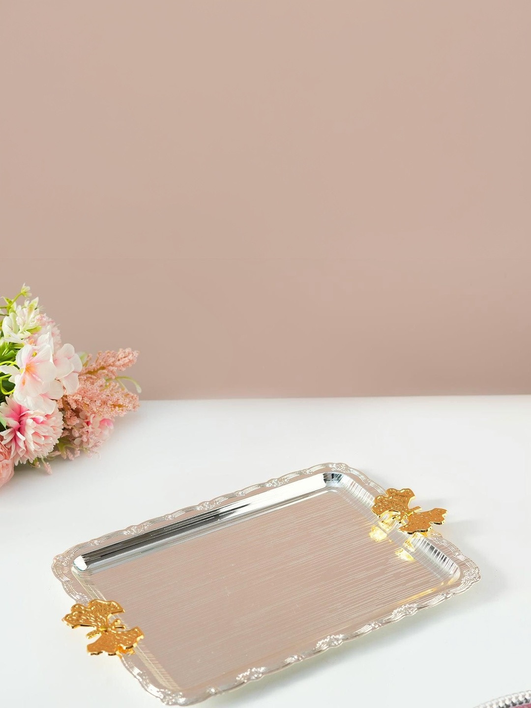 MARKET99 Rectangular Iron Decorative Serving Tray with Silver & Gold Handle