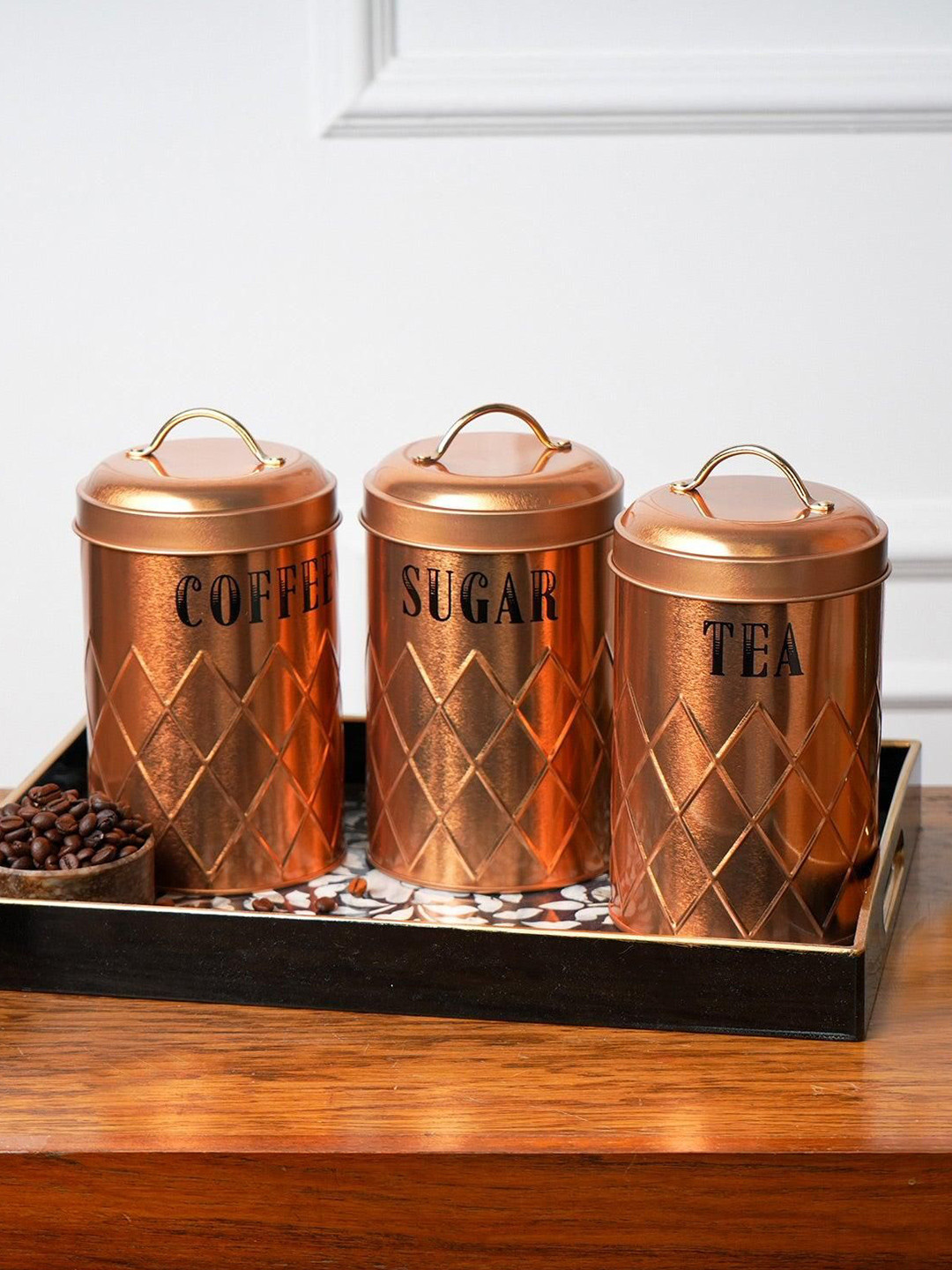 MARKET99 Gold Toned Printed Metal Set of 3 Clip-On Canister Containers 1L