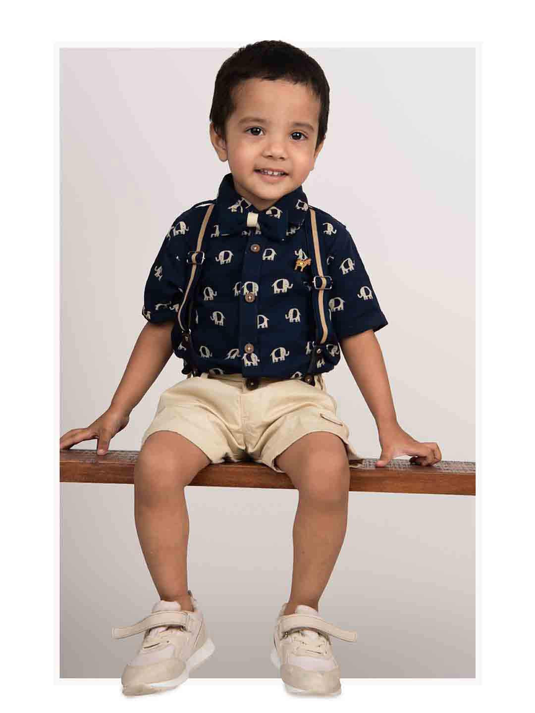 LITTLE COLLARS Boys Printed Polo Collar Long Sleeves Pure Cotton Shirt With Shorts